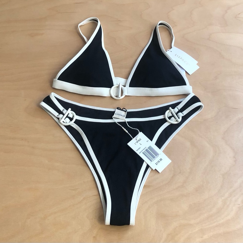 l*space Swim Caicos Bikini Top Sz M and High Leg Bottom Sz L Black Cream Ribbed